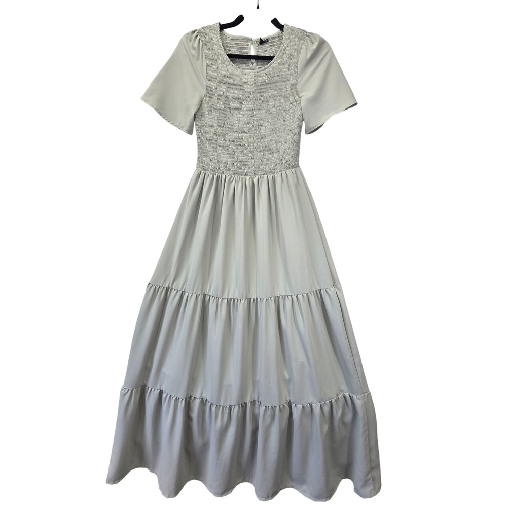 Zattcas Sage Green Smocked Tiered Maxi Dress Short Sleeve ZA234-SLS Small